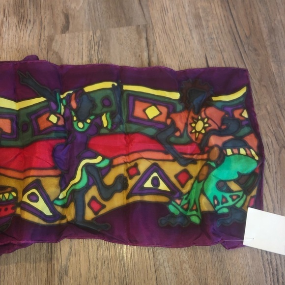 100% Silk Jamaican Dancing Scene Multicolour Hand Painted Scarf 57” x 10.5” Nwt - Picture 4 of 9